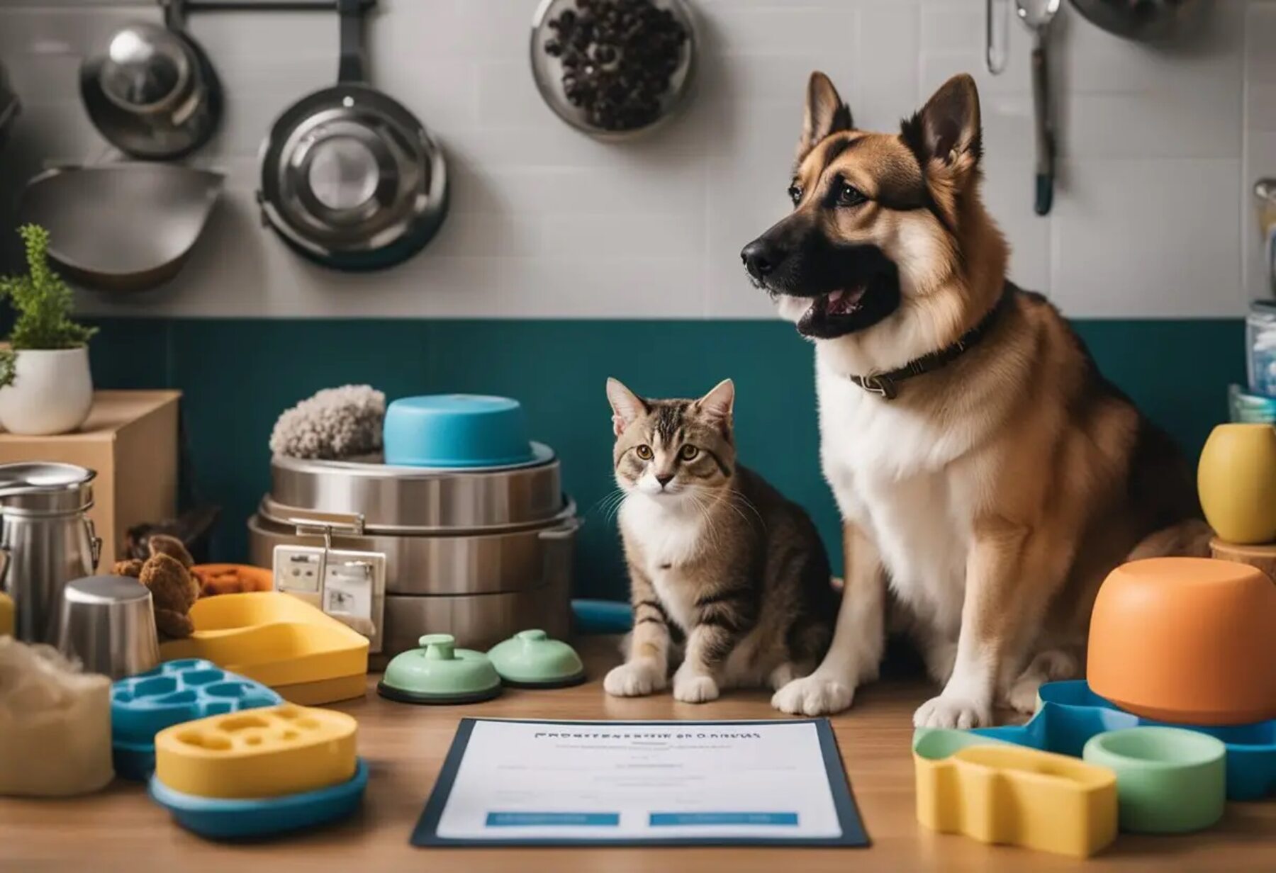 Dog and cat next to pet food bowls and toys