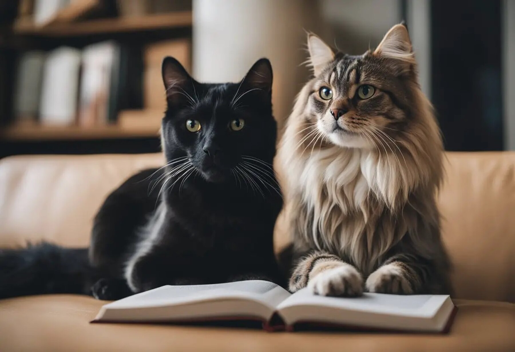 Black cat and fluffy tabby cat with a book
