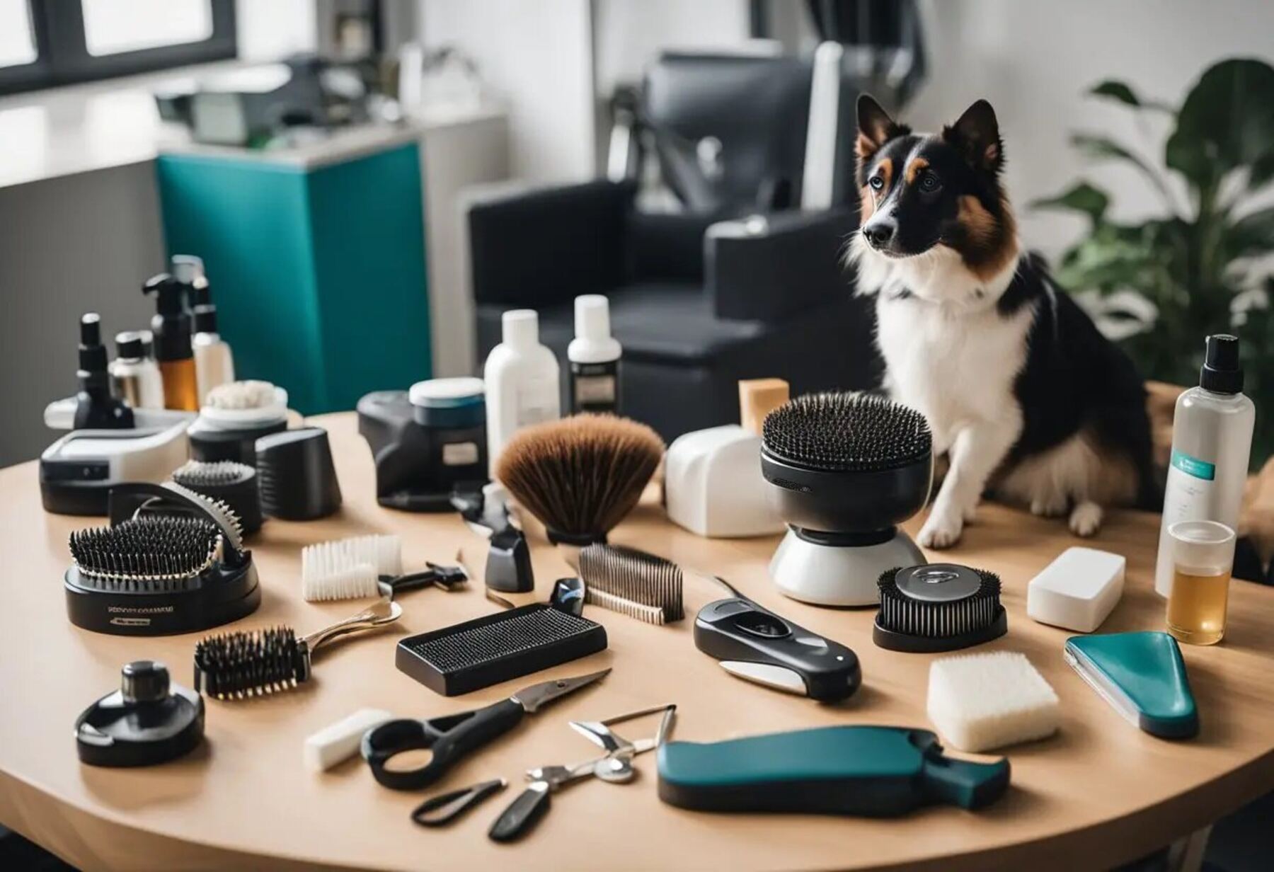 Dog among grooming tools on a table